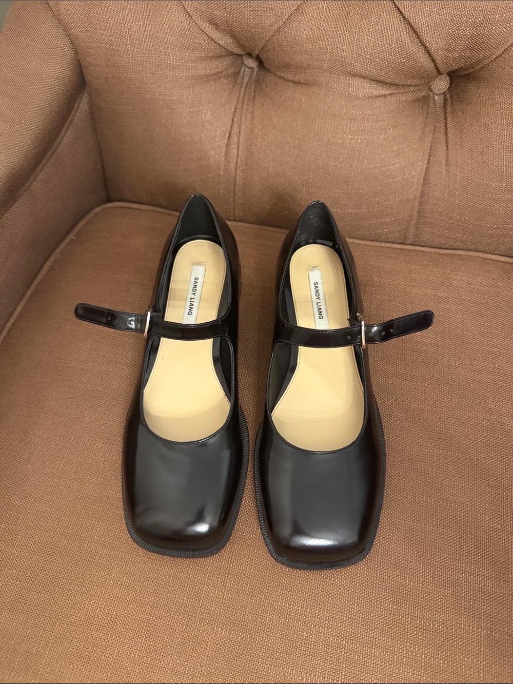 Sandy Liang Black Patent Mary Jane Square-Toe Flats size 38